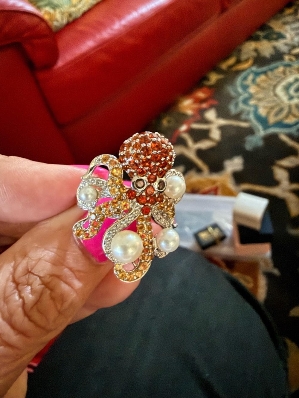 Sterling Silver  Orange and Yellow sapphire & Pearl Octopus Ring -Size 6